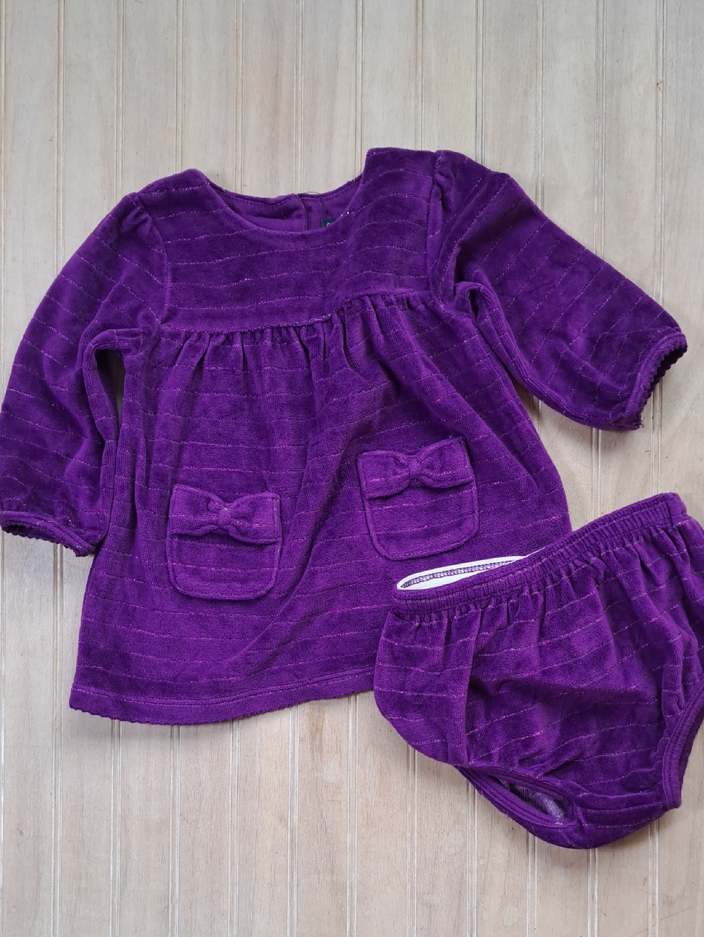 Plush Cozy Purple Velour Bow Pocket Baby Dress & Bloomer Set Comfy Soft